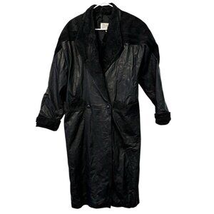 Vintage Pelle‎ Studio Black Leather Trench Coat Full Length Long Duster Jacket